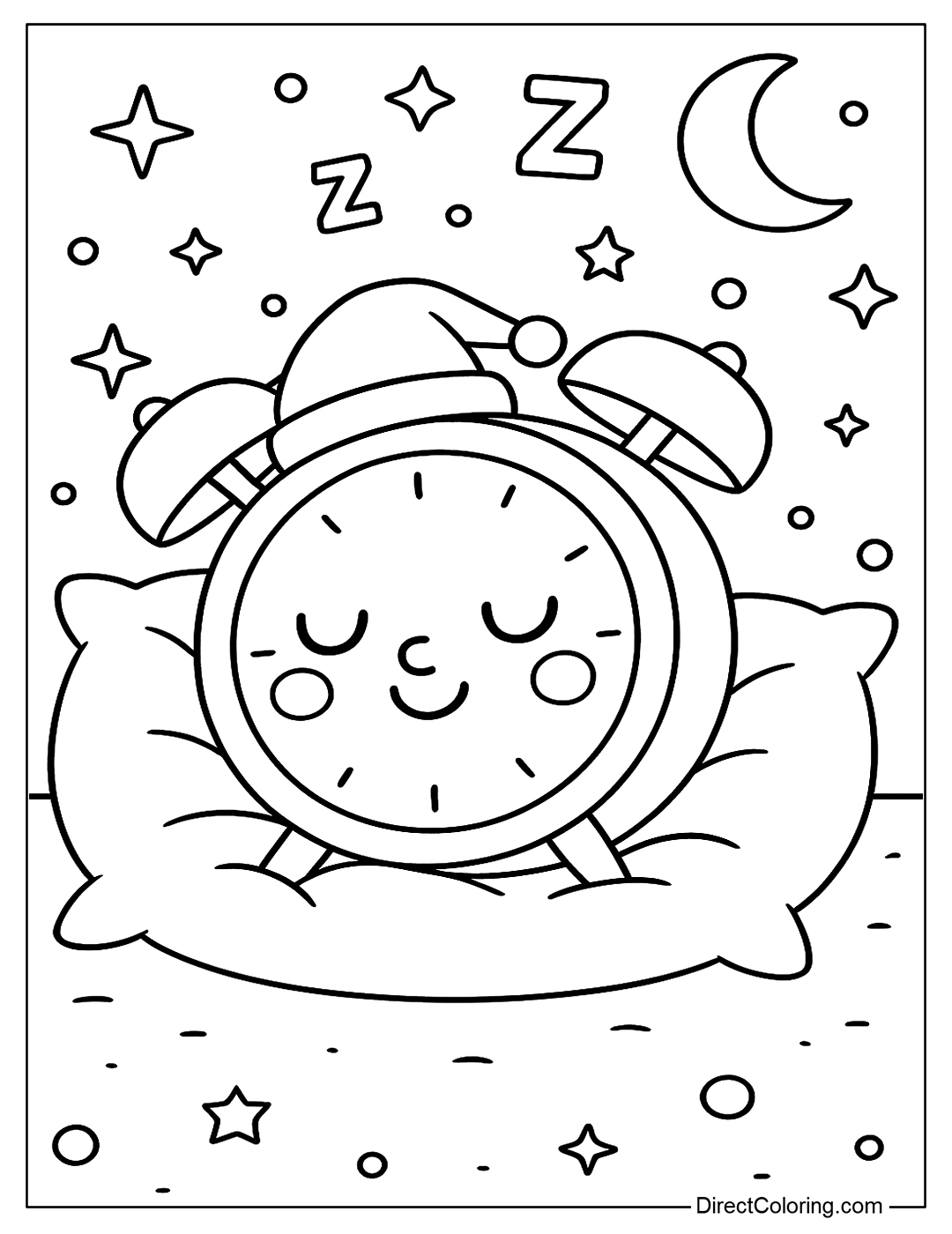 coloring page of an alarm clock sleeping after a hard year of school.